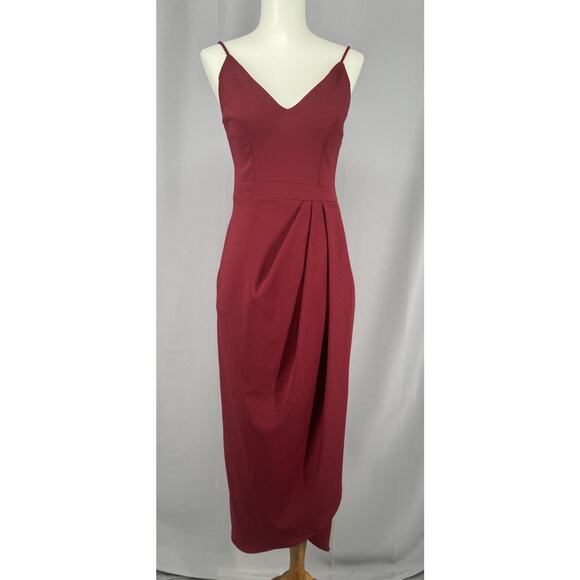 BHLDN Dress Size 0 Maroon Midi Ruched Spaghetti Strap Bridesmaid Wedding Event - Picture 1 of 11